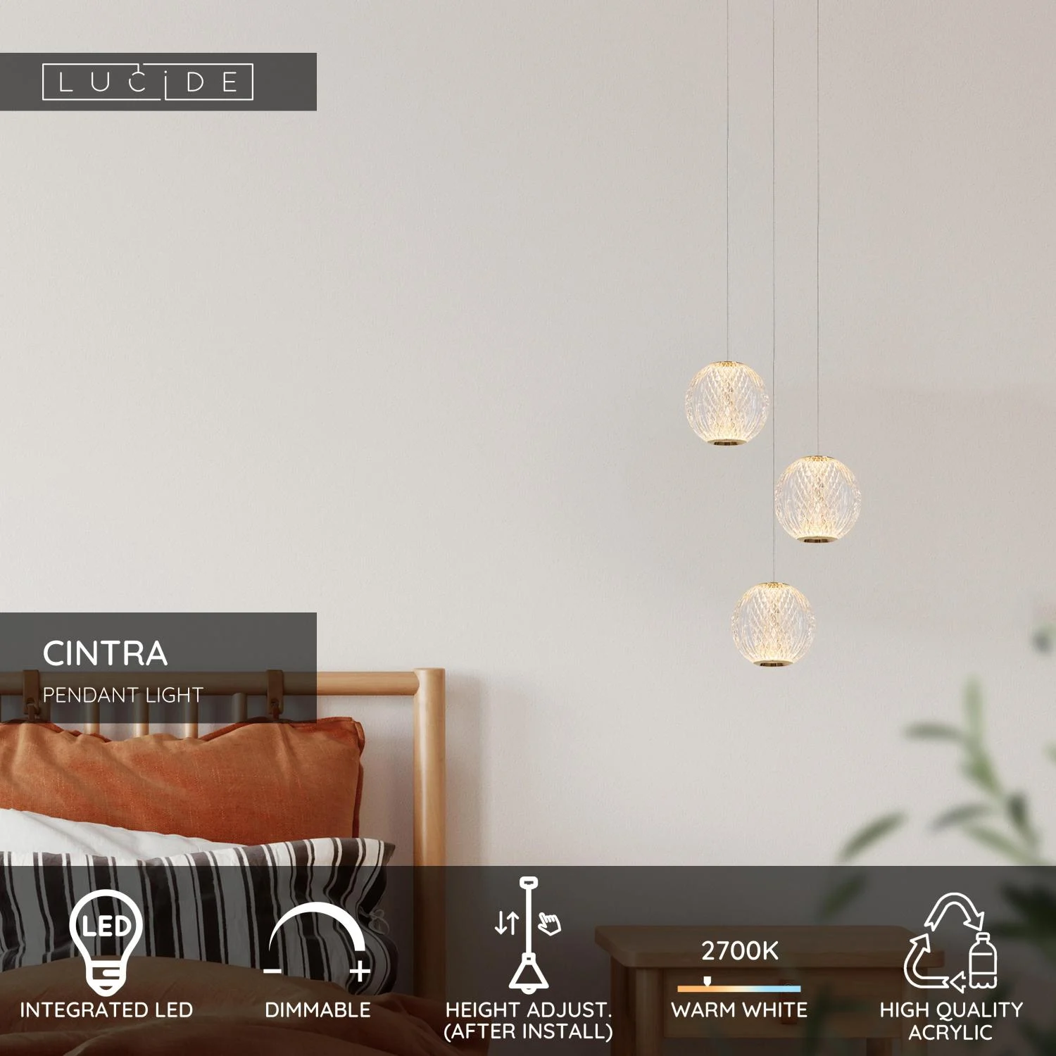 Lucide CINTRA - zu00e1vesnu00e9 svetlo - u00d8 25 cm - LED tlmenu00e9 - 3x4,7W 2700K - priehu013eadnu00e9