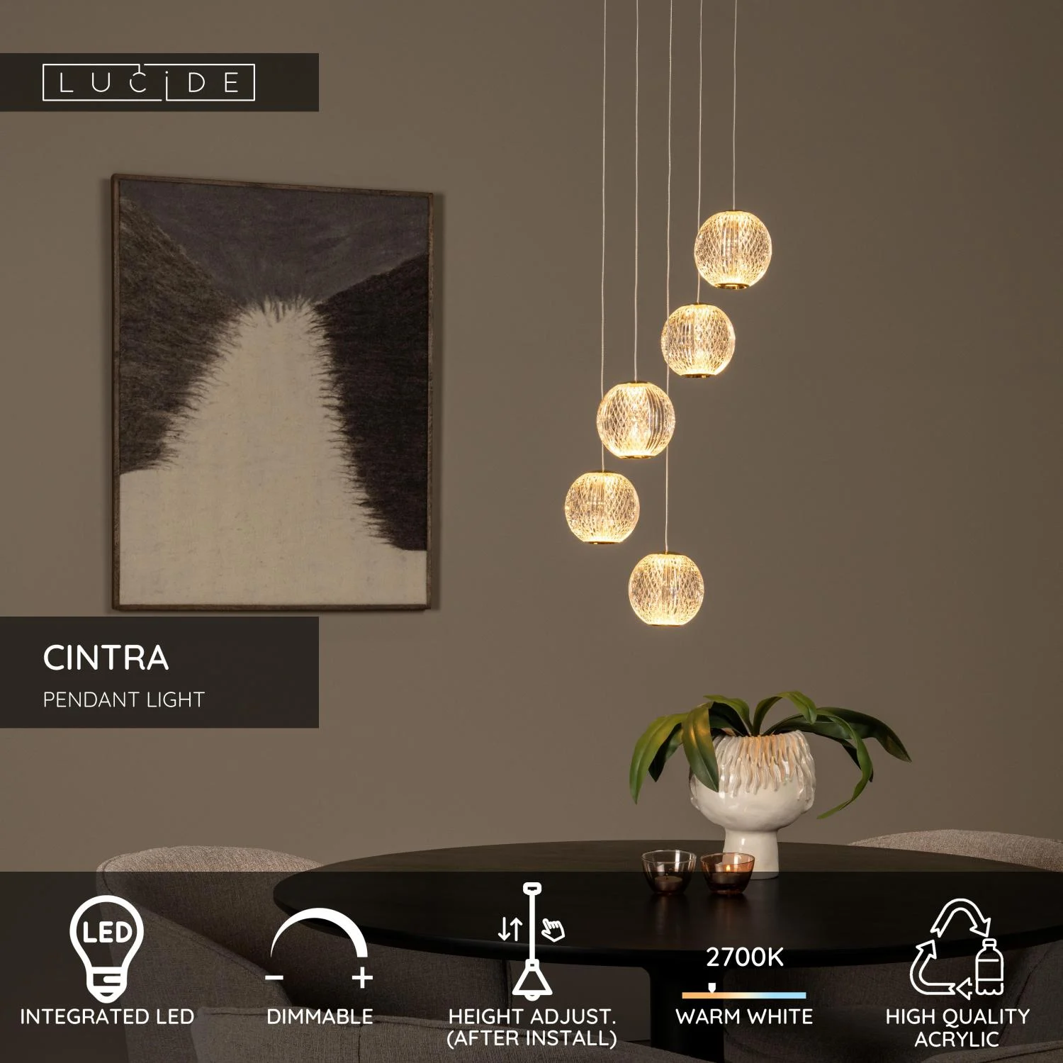 Lucide CINTRA - zu00e1vesnu00e9 svetlo - u00d8 32 cm - LED tlmenu00e9 - 5x4,7W 2700K - priehu013eadnu00e9