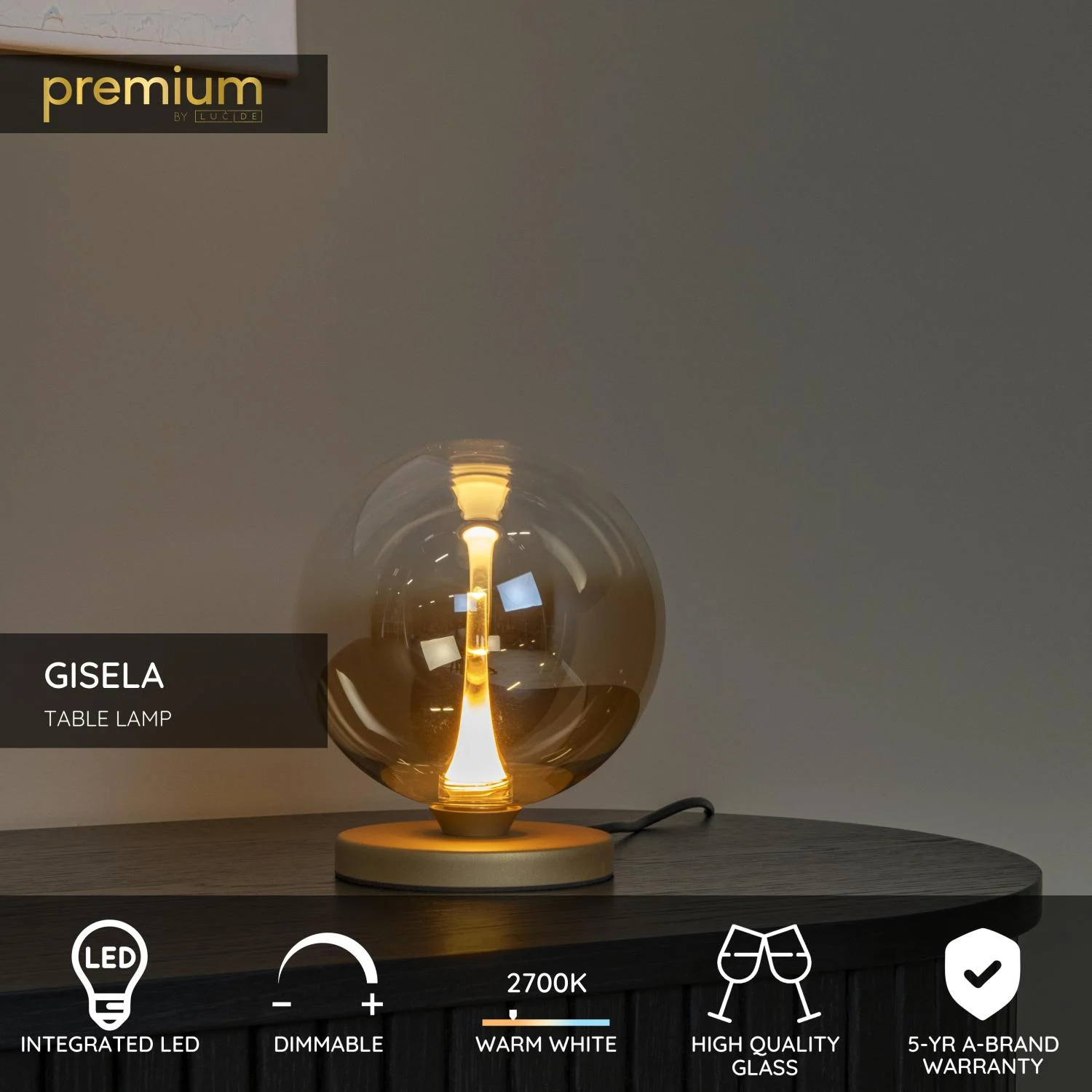Lucide GISELA - Stolnu00e1 lampa - u00d8 16 cm - LED tlmenu00e1 - 1x5W 2700K - jantu00e1rovu00e1 | Pru00e9miovu00e9