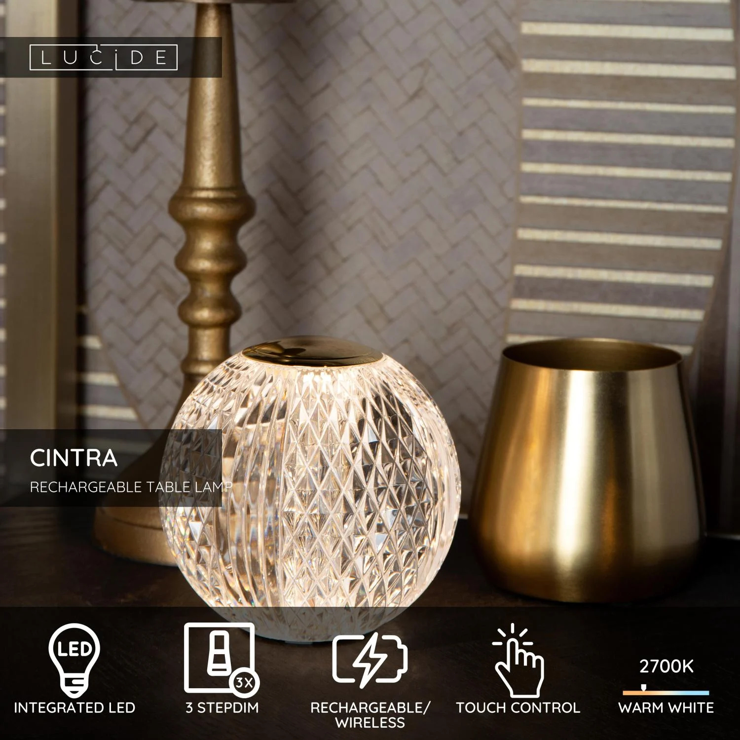 Lucide CINTRA - Nabu00edjateu013enu00e1 stolnu00e1 lampa - Batu00e9riovu00fd balu00edk - u00d8 9 cm - LED 3 StepDim - 1x1,5W 2700K - Priehu013eadnu00fd