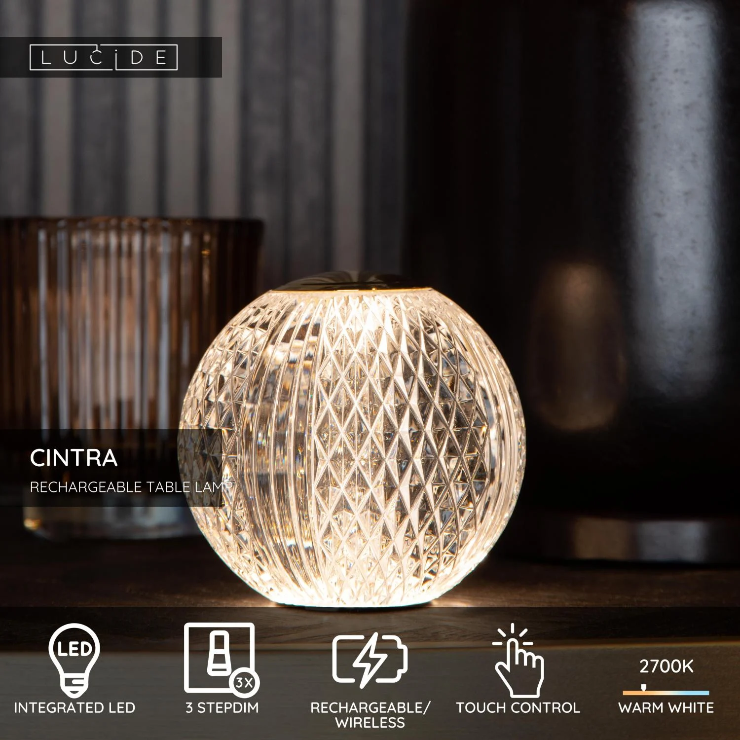 Lucide CINTRA - Nabu00edjateu013enu00e1 stolnu00e1 lampa - Batu00e9riovu00fd balu00edk - u00d8 11 cm - LED 3 StepDim - 1x2W 2700K - Priehu013eadnu00fd