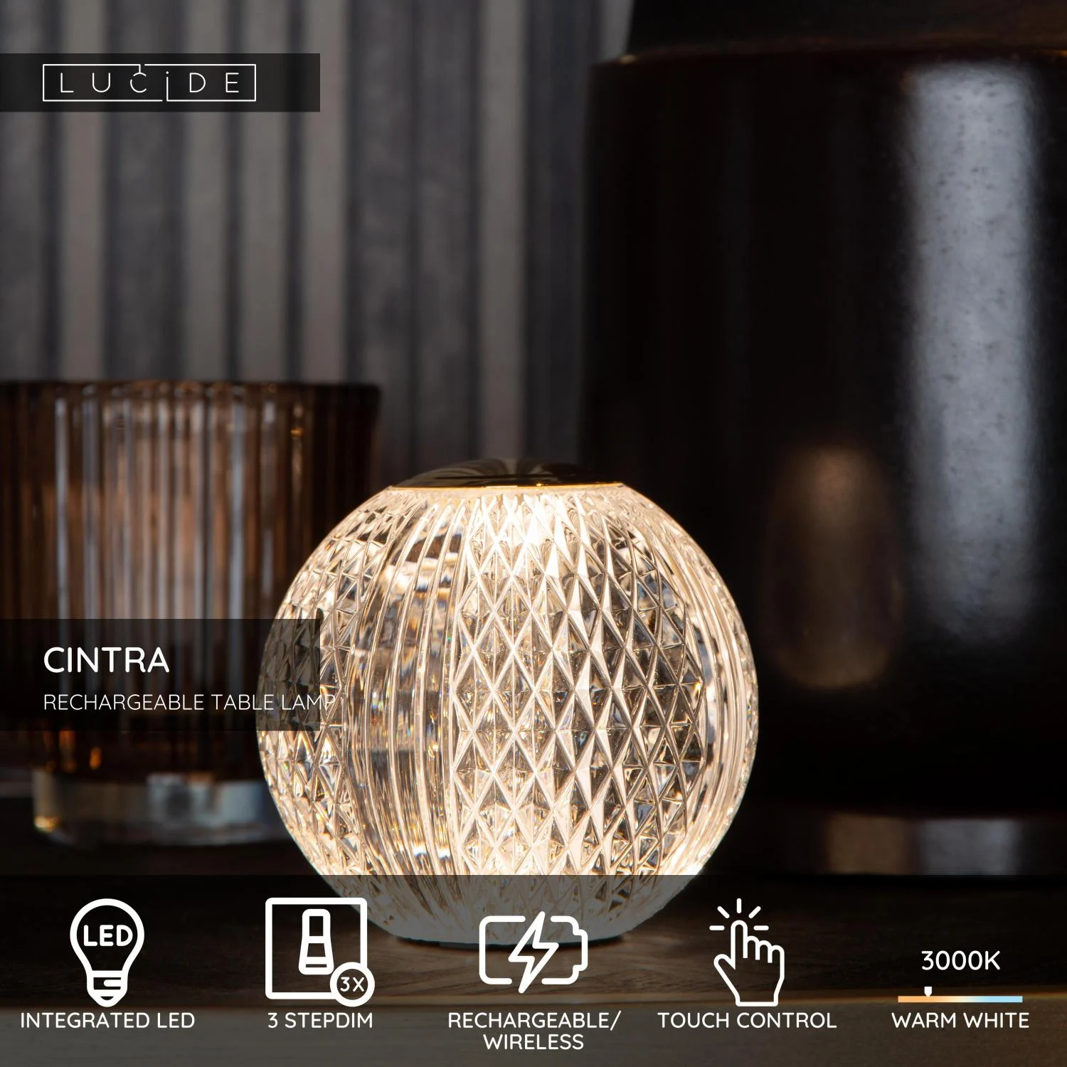 Lucide CINTRA - Nabu00edjateu013enu00e1 stolnu00e1 lampa - Batu00e9riovu00fd balu00edk - u00d8 11 cm - LED 3 StepDim - 1x2W 3000K - Transparant