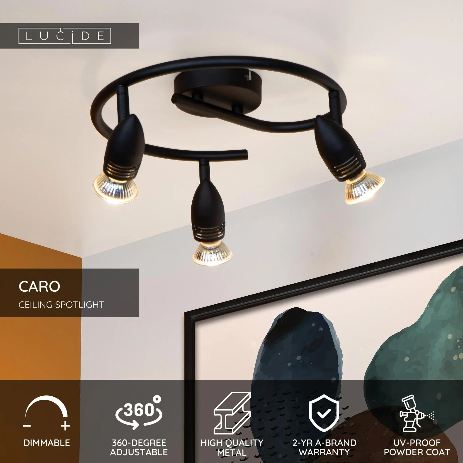 Lucide CARO - Stropnu00e9 reflektory - u00d8 31 cm - 3xGU10 - u010dierna