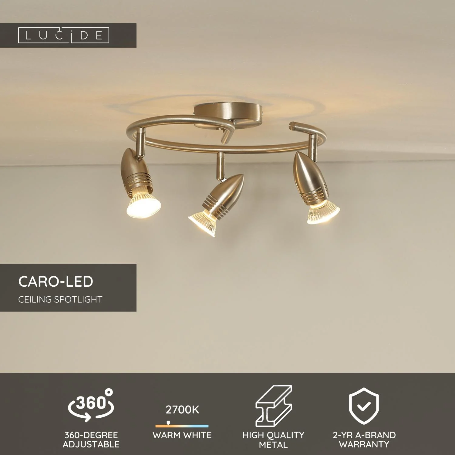 Lucide CARO-LED - Stropnu00e9 reflektory - u00d8 31 cm - LED - GU10 - 3x5W 2700K - Satin Chrome