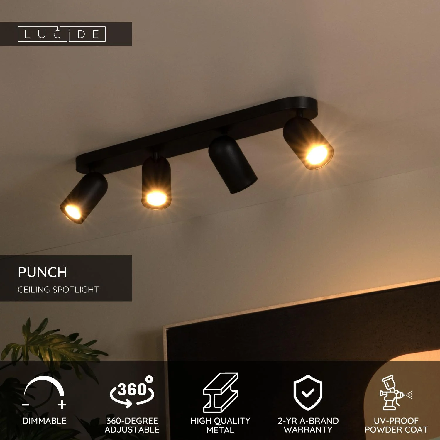 Lucide PUNCH - Stropnu00e9 reflektory - 4xGU10 - u010dierne