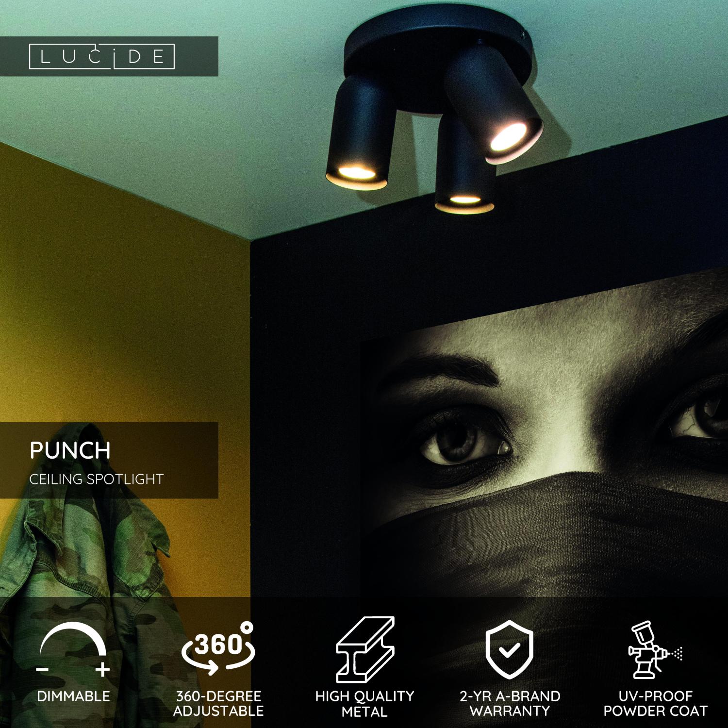 Lucide PUNCH - Stropnu00e9 reflektory - u00d8 21 cm - 3xGU10 - u010dierna
