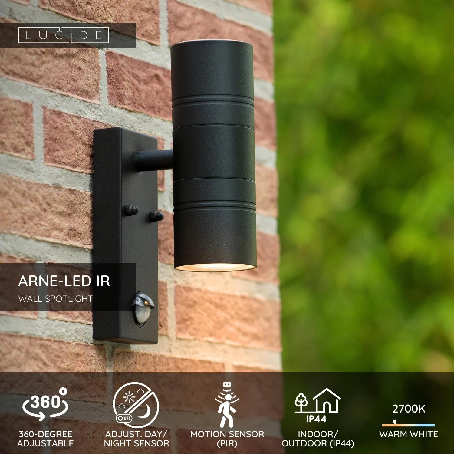 Lucide ARNE-LED IR - Nu00e1stennu00e9 reflektor / nu00e1stennu00e9 svetlo vnu00fatornu00e9/vonkaju0161ie - u00d8 6,3 cm - LED - GU10 - 2x5W, 2700K - IP44 - pohybovu00fd a dennu00fd/nou010dnu00fd senzor - u010dierny