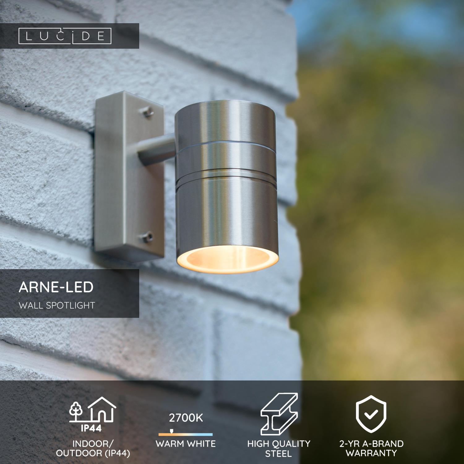Lucide ARNE-LED - Nu00e1stennu00e9 reflektory / Nu00e1stennu00e9 svetlo Interiu00e9r/Vonkaju0161u00ed - u00d8 6,3 cm - LED - GU10 - 1x5W 2700K - IP44 - Satin Chrome