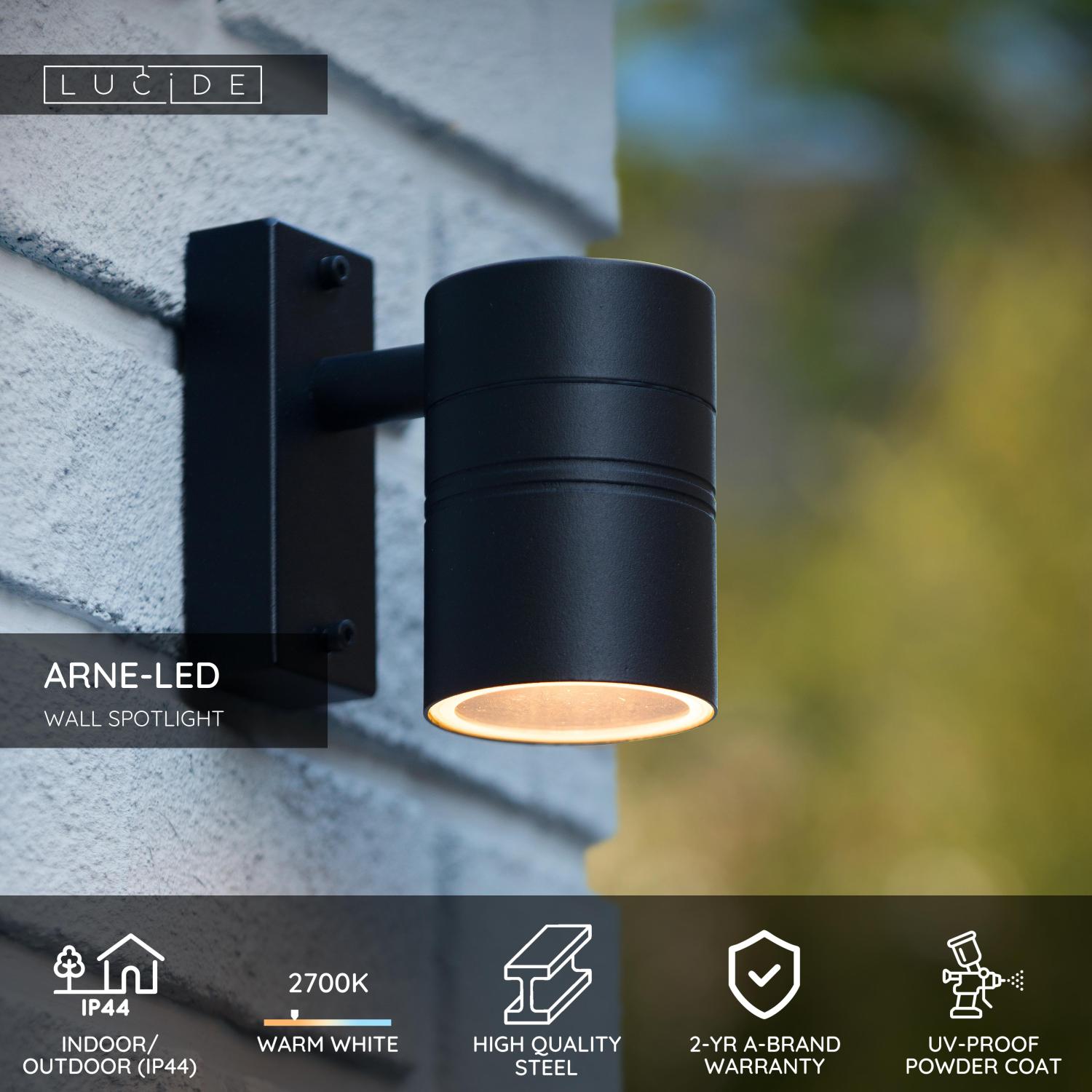 Lucide ARNE-LED - Nu00e1stennu00e9 reflektory / Nu00e1stennu00e9 svetlo Vnu00fatornu00e9/vonkaju0161ie - u00d8 6,3 cm - LED - GU10 - 1x5W 2700K - IP44 - u010dierna