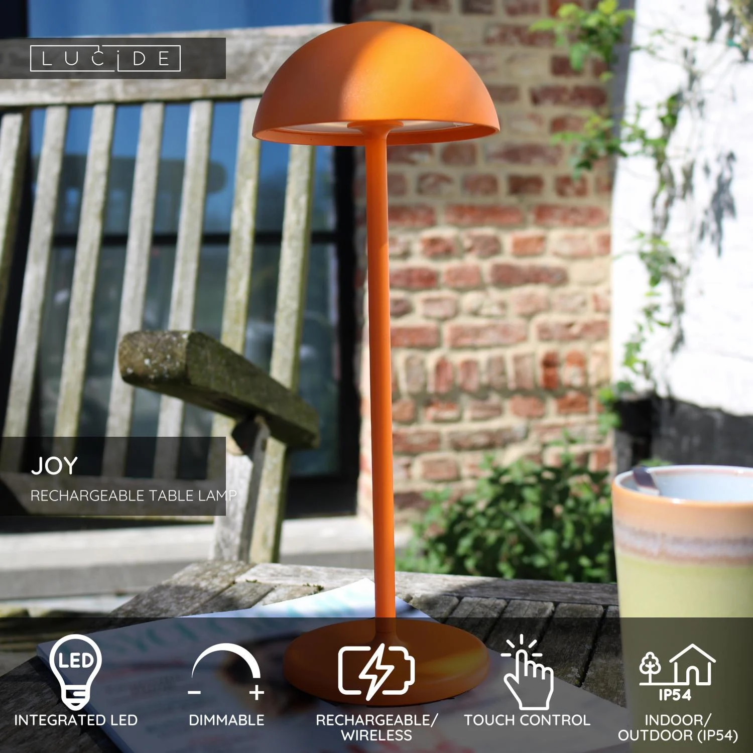 Lucide JOY - Nabu00edjateu013enu00e1 stolnu00e1 lampa do interiu00e9ru/exteriu00e9ru - batu00e9riovu00fd balu00edk - u00d8 12 cm - LED tlmenu00e1 - 1x1,5W 3000K - IP54 - oranu017eovu00e1