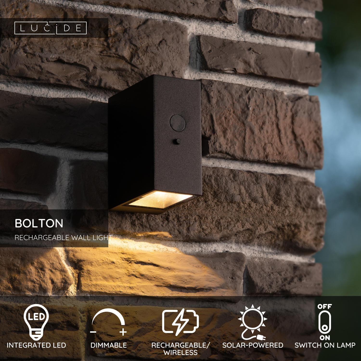 Lucide BOLTON - Nu00e1stennu00e9 svetlo vnu00fatornu00e9/vonkaju0161ie - solu00e1rne - LED tlmenu00e9. - 1x1W 3000K - IP54 - senzor pohybu a du0148a/noci - u010dierny