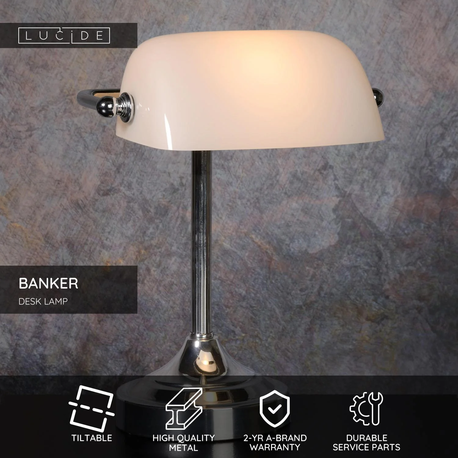 Lucide BANKER - Stolnu00e1 lampa - 1xE14 - Chru00f3m