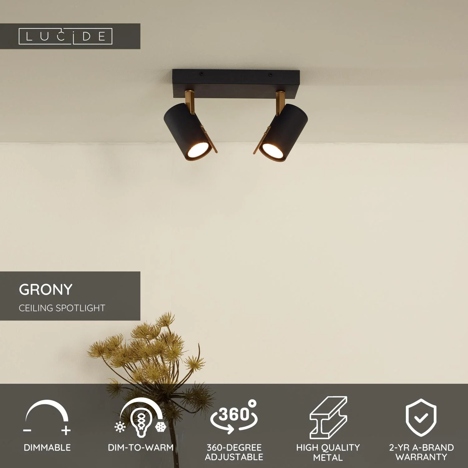 Lucide GRONY - Stropnu00e9 reflektory - LED Tlmenu00e9 po teplu00e9 - GU10 - 2x5W 2200K/3000K - u010dierna