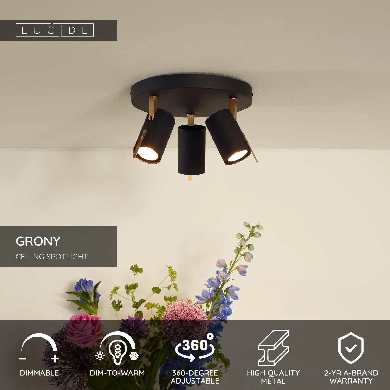 Lucide GRONY - Stropnu00e9 reflektor - LED Stmievanie na teplu00e9 - GU10 - 3x5W 2200K/3000K - u010dierna