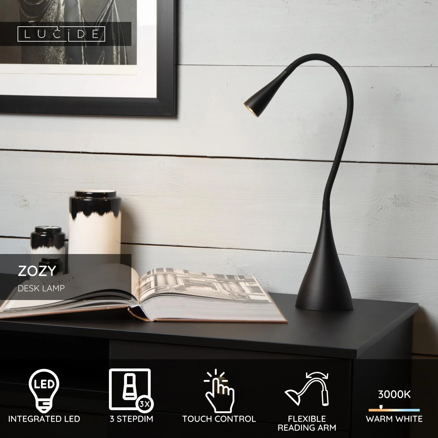 Lucide ZOZY - stolnu00e1 lampa - LED 3 StepDim - 1x4W 3000K - u010dierna