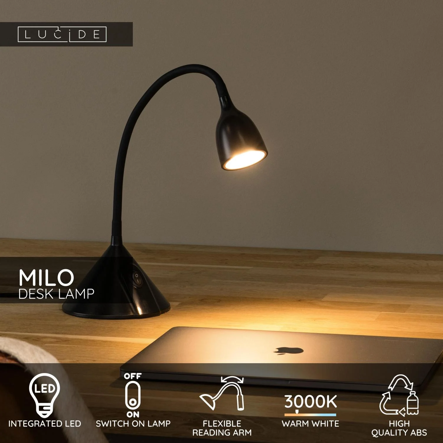 Lucide MILO - stolnu00e1 lampa - u00d8 12,8 cm - LED - 1x3,2W 3000K - u010dierna