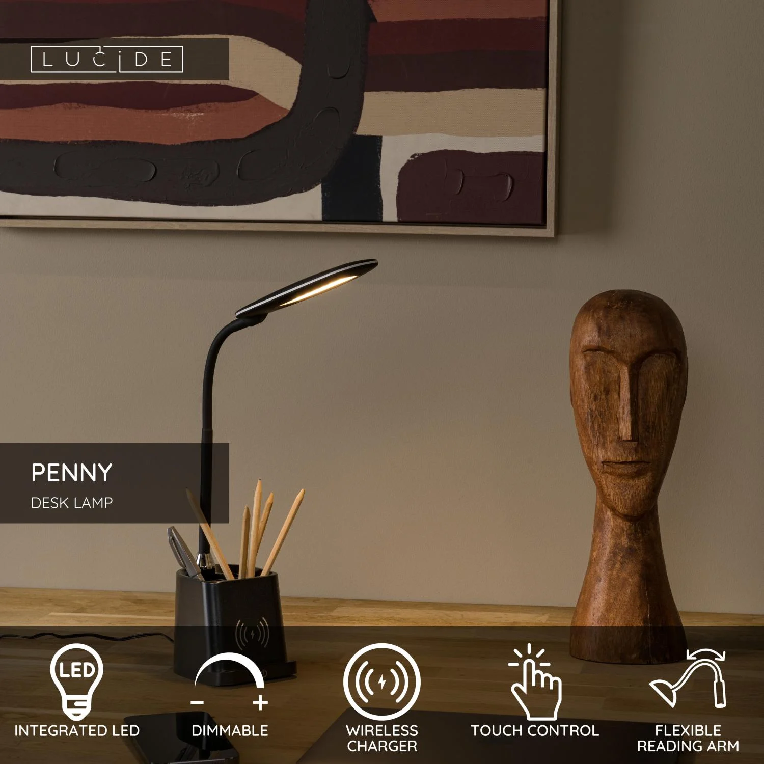Lucide PENNY - stolnu00e1 lampa - LED tlmenu00e1 - 1x4,7W 3000K - s bezdru00f4tovou nabu00edjau010dkou - u010dierna