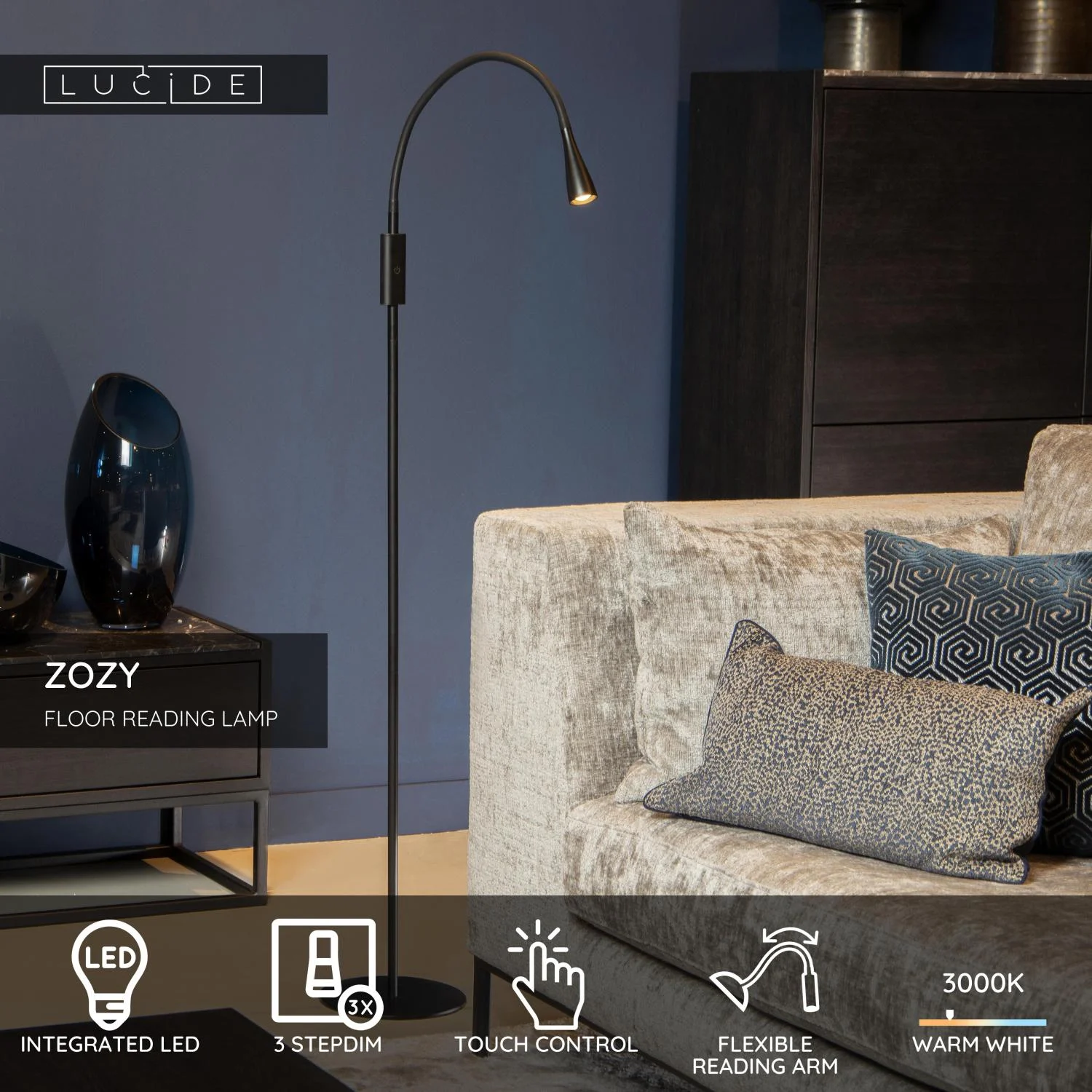 Lucide ZOZY - Lampa na u010du00edtanie - LED 3 StepDim - 1x4W 3000K - u010dierna