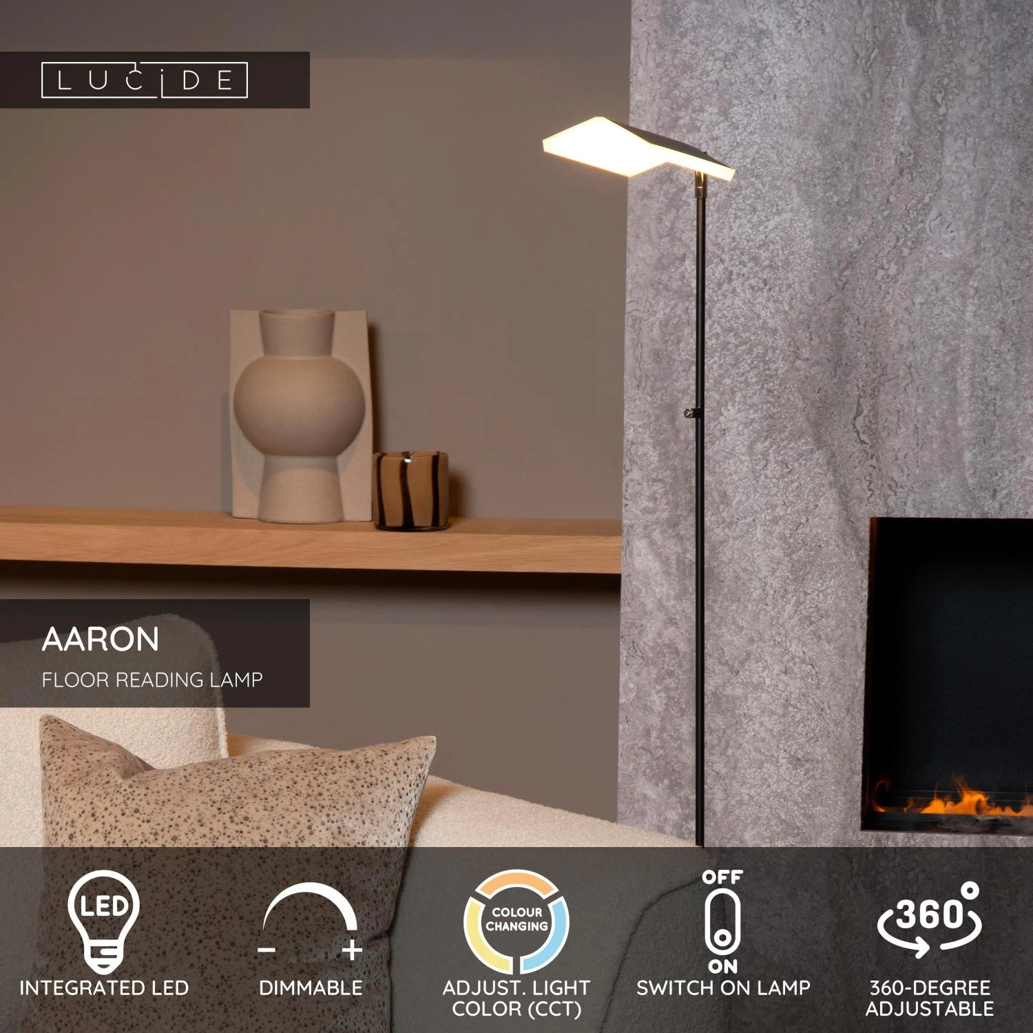 Lucide AARON - Podlahovu00e1 u010du00edtacia lampa - LED tlmenu00e1. - CCT - 1x12W 2700K/4000K - u010dierna