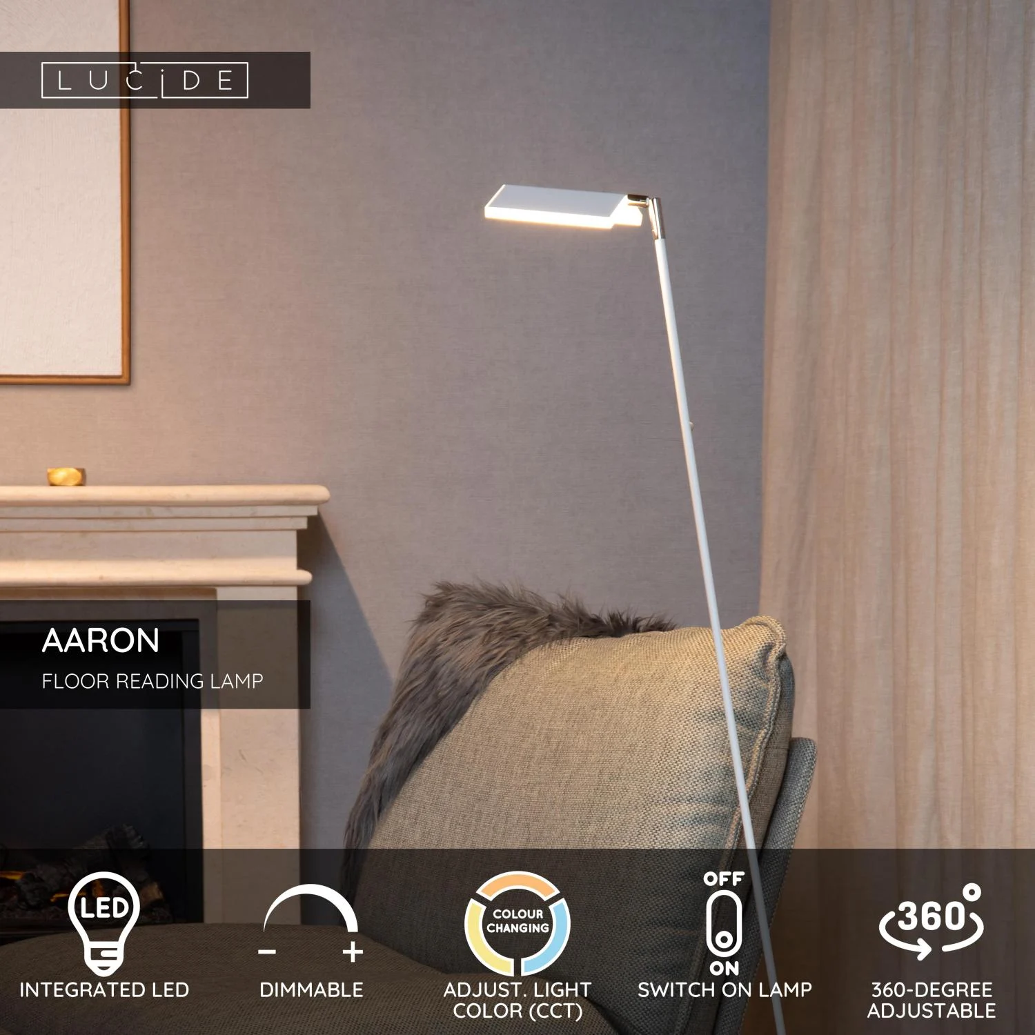 Lucide AARON - Podlahovu00e1 u010du00edtacia lampa - LED tlmenu00e1 - CCT - 1x12W 2700K/4000K - biela