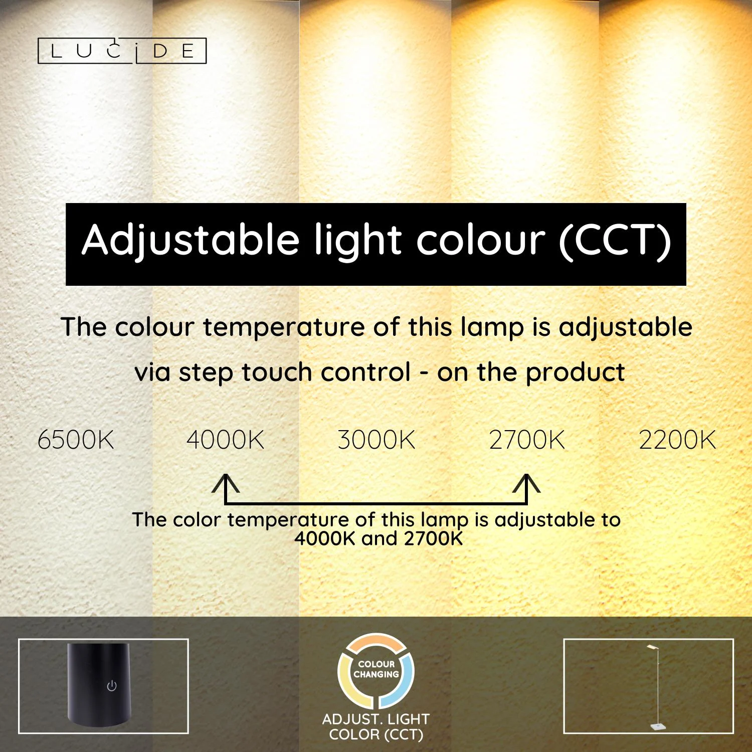Lucide AARON - Podlahovu00e1 u010du00edtacia lampa - LED tlmenu00e1 - CCT - 1x12W 2700K/4000K - biela