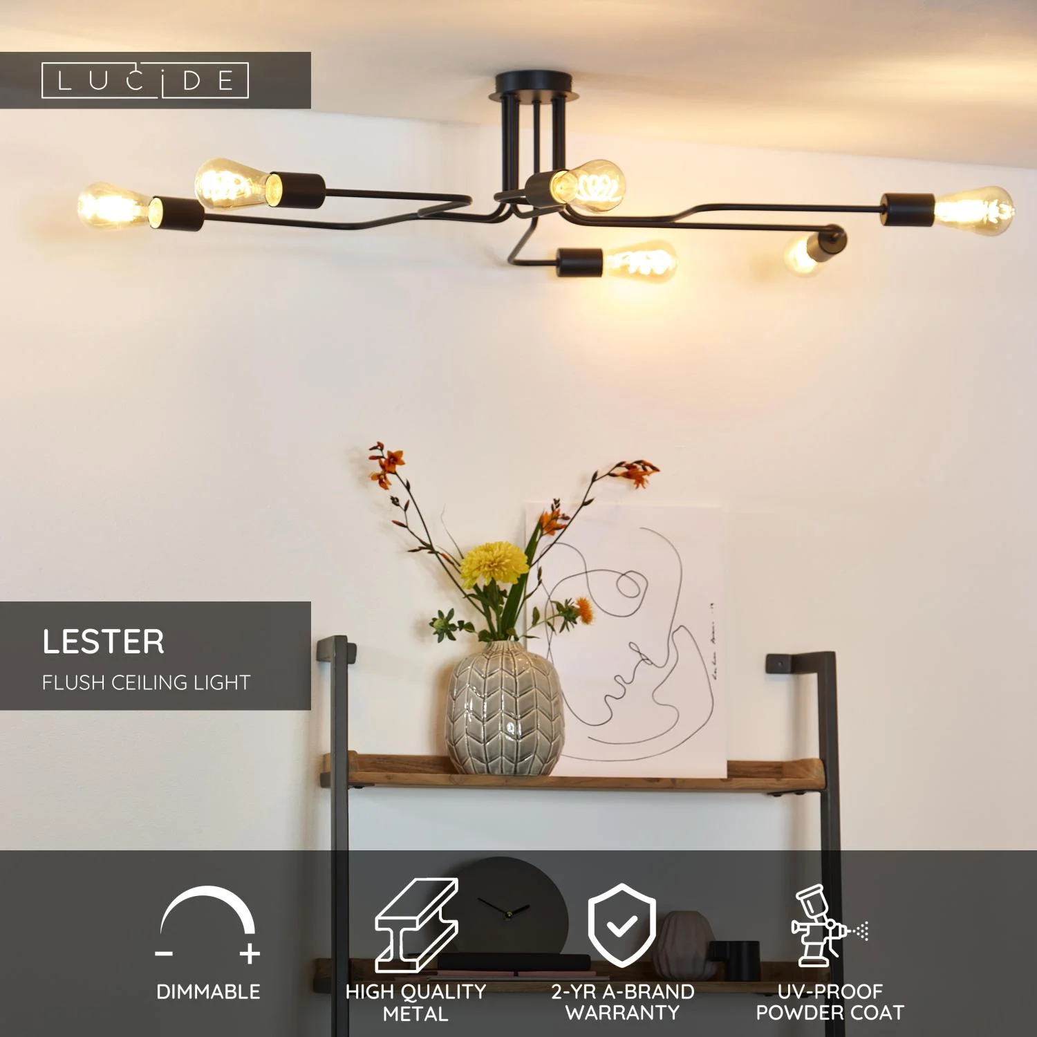 Lucide LESTER - Zapustenu00e9 stropnu00e9 svetlo - 6xE27 - u010dierne