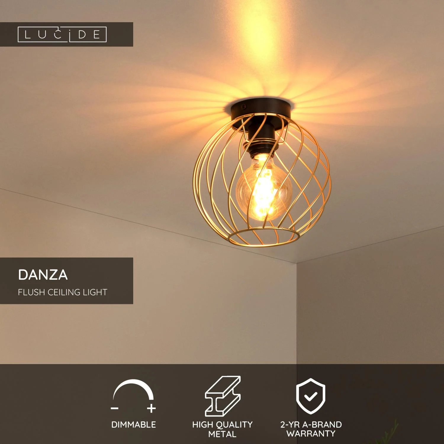 Lucide DANZA - Zapustenu00e9 stropnu00e9 svetlo - u00d8 25 cm - 1xE27 - Matnu00e9 zlato / mosadz
