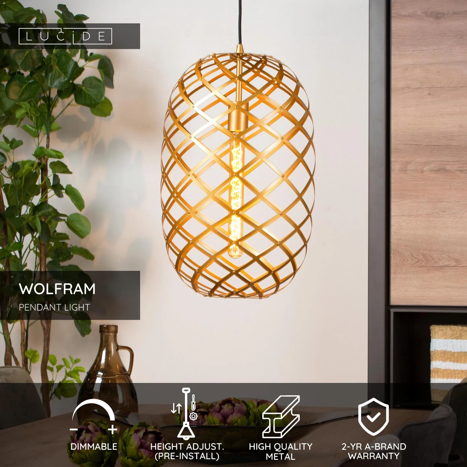 Lucide WOLFRAM - Zu00e1vesnu00e9 svetlo - u00d8 32 cm - 1xE27 - Matnu00e9 zlato / mosadz