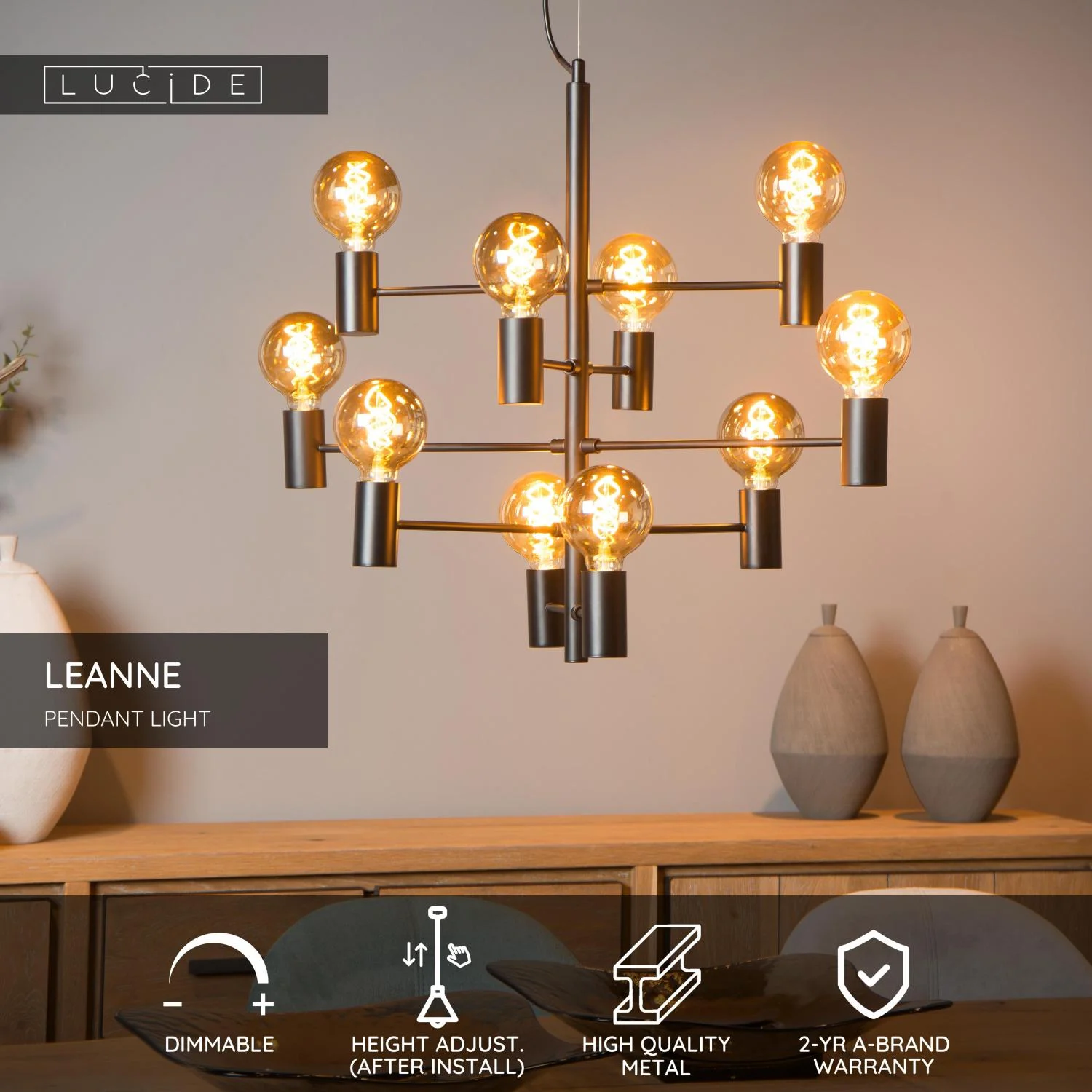 Lucide LEANNE - zu00e1vesnu00e9 svetlo - u00d8 65 cm - 10xE27 - u010dierna