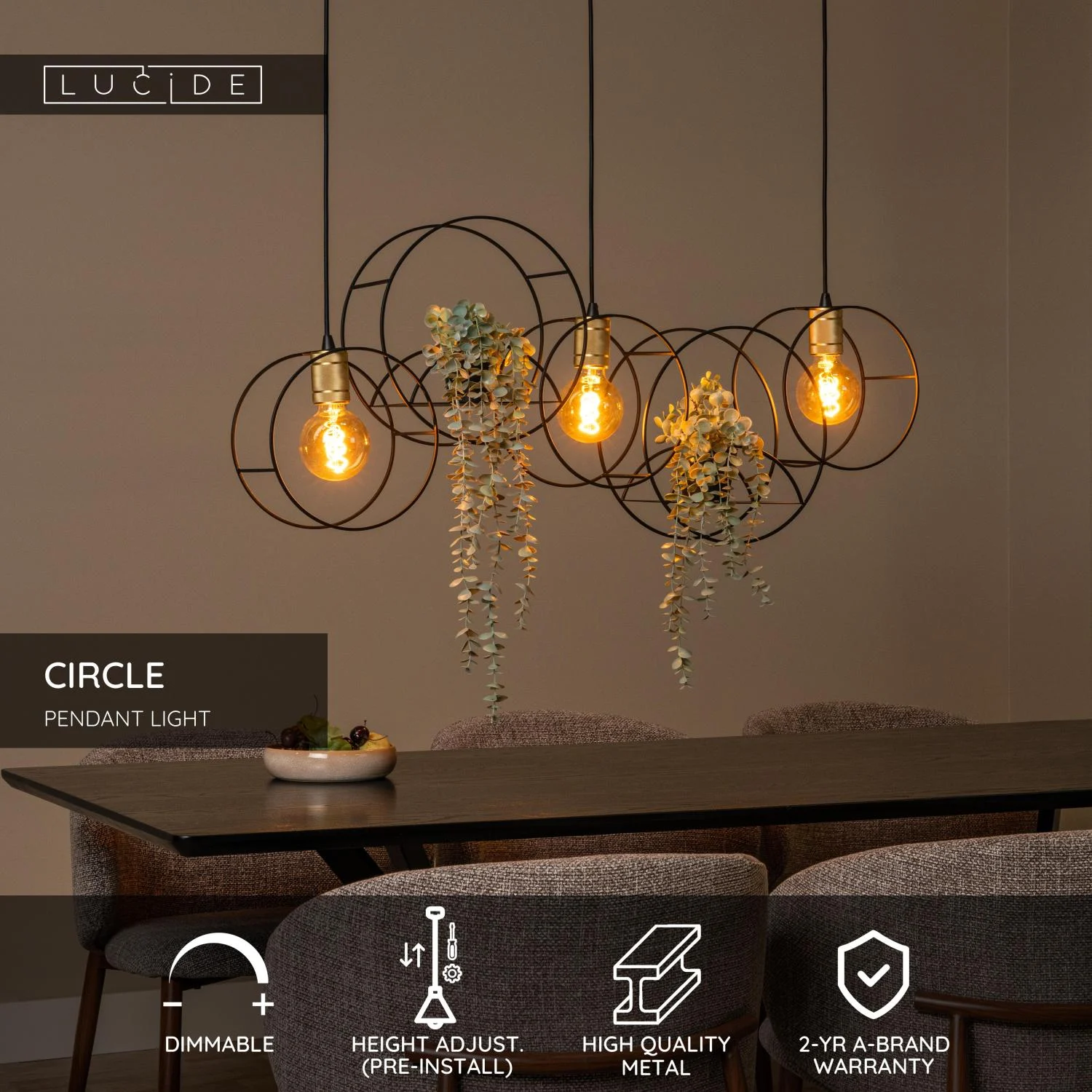 Lucide CIRCLE - Zu00e1vesnu00e9 svetlo - 3xE27 - u010dierne