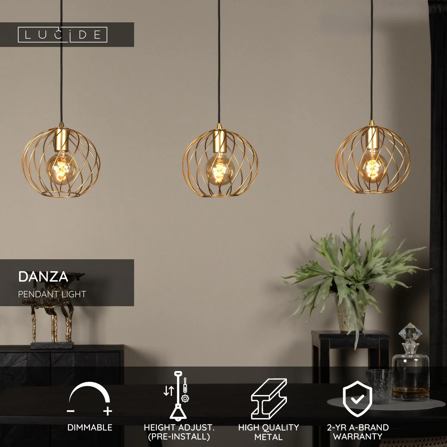 Lucide DANZA - Zu00e1vesnu00e9 svetlo - 3xE27 - Matt Gold / Brass