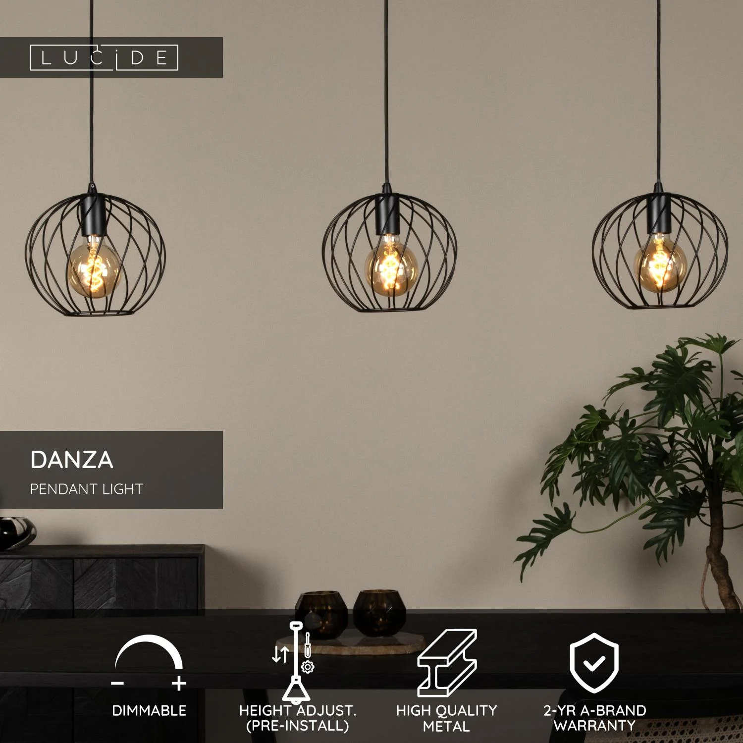 Lucide DANZA - Zu00e1vesnu00e9 svetlo - 3xE27 - u010dierne