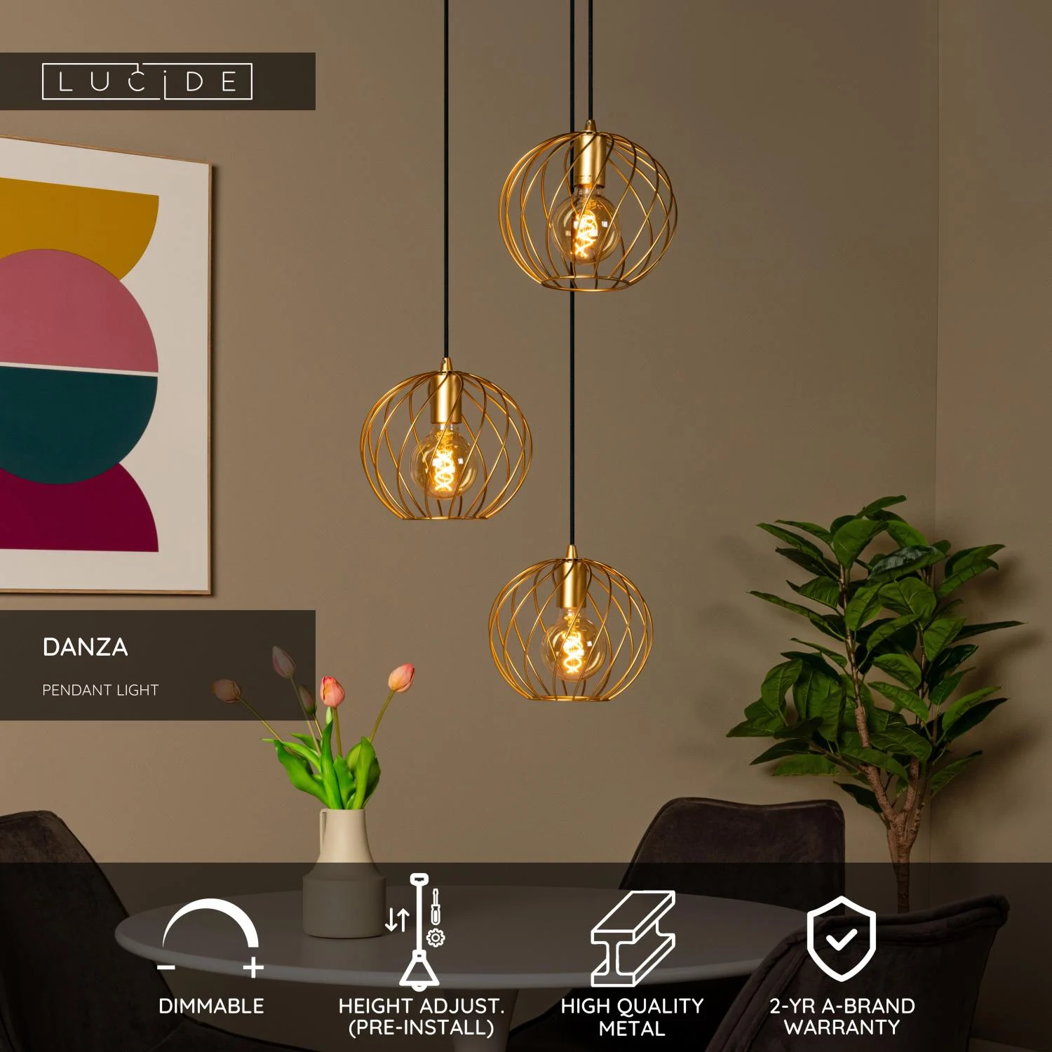 Lucide DANZA - Zu00e1vesnu00e9 svetlo - u00d8 50 cm - 3xE27 - Matt Gold / Brass