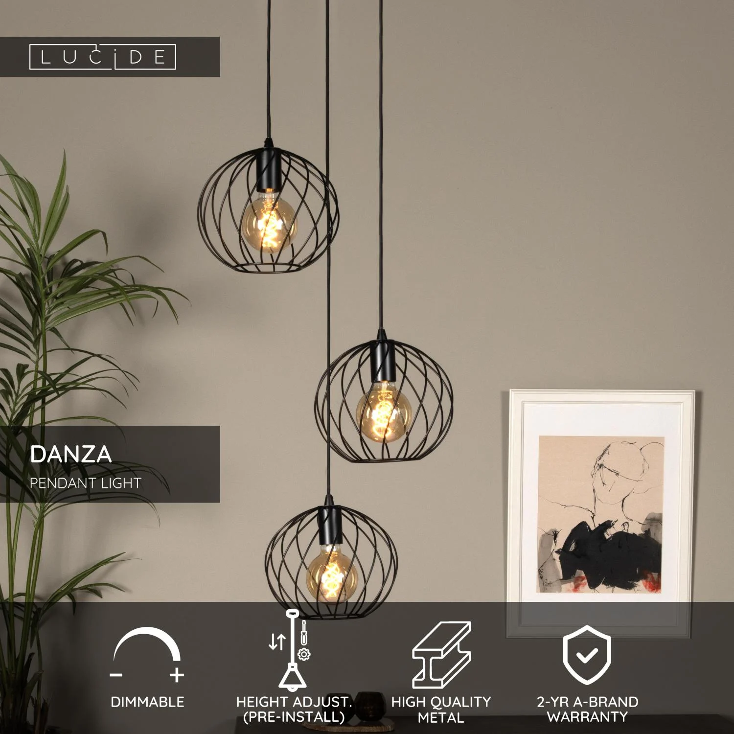 Lucide DANZA - zu00e1vesnu00e9 svetlo - u00d8 50 cm - 3xE27 - u010dierna