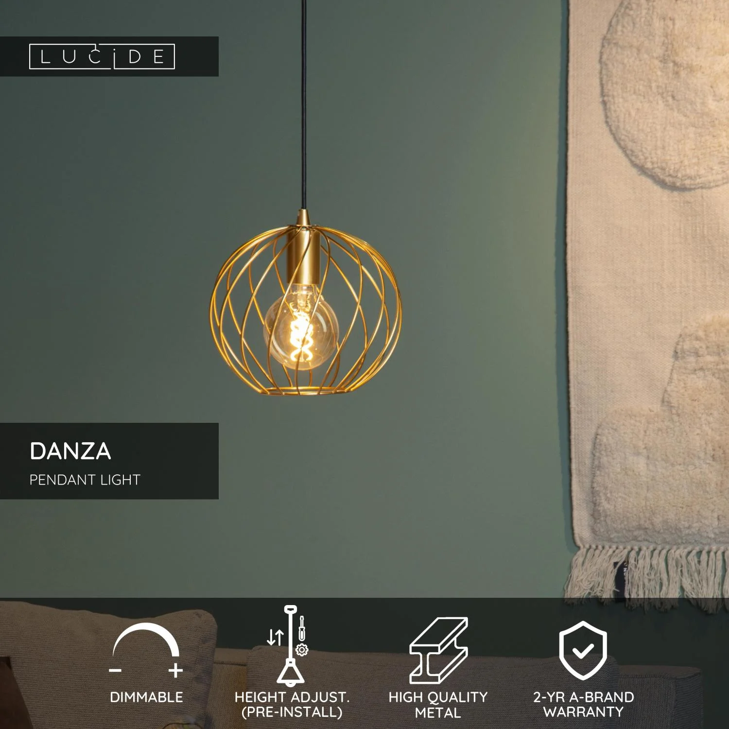 Lucide DANZA - Zu00e1vesnu00e9 svetlo - u00d8 25 cm - 1xE27 - Matt Gold / Brass