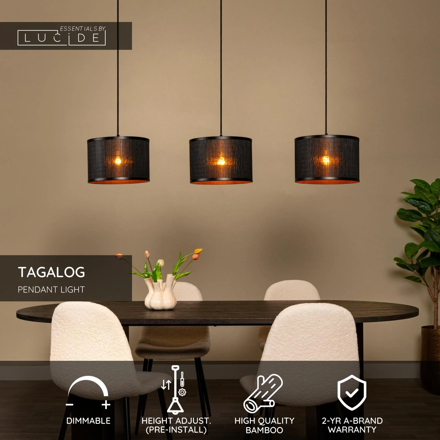 Lucide TAGALOG - Zu00e1vesnu00e9 svetlo - u00d8 40 cm - 3xE27 - u010cierna | Essential