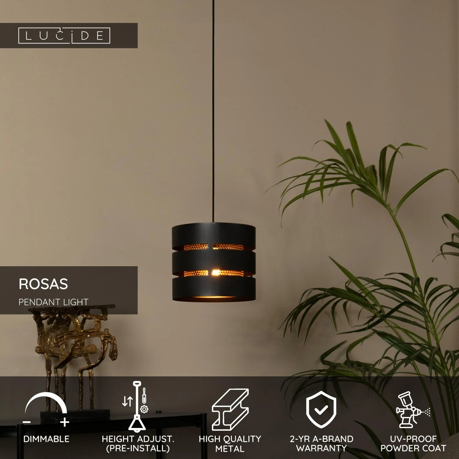 Lucide ROSAS - Zu00e1vesnu00e9 svetlo - u00d8 26 cm - 1xE27 - u010dierne