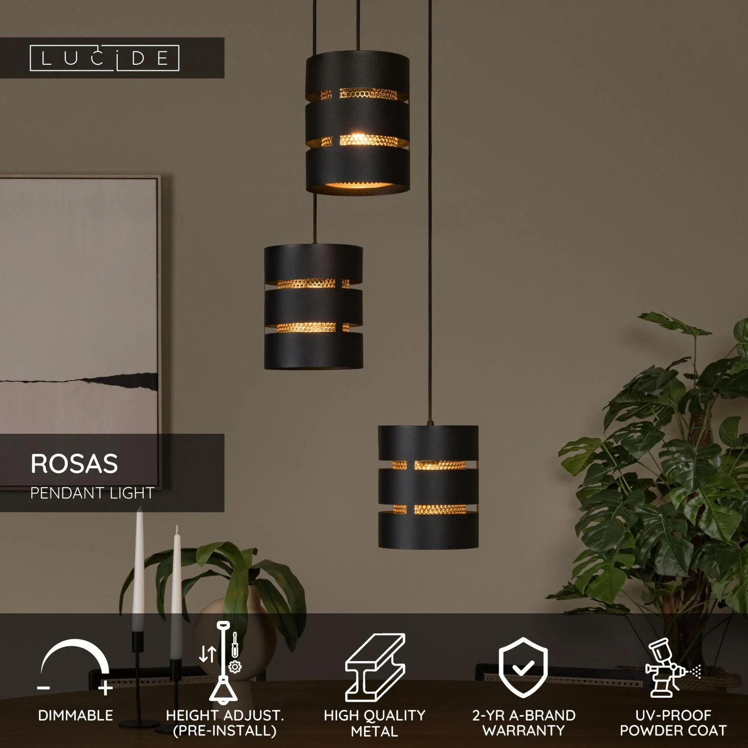 Lucide ROSAS - Zu00e1vesnu00e9 svetlo - u00d8 43 cm - 3xE27 - u010dierna