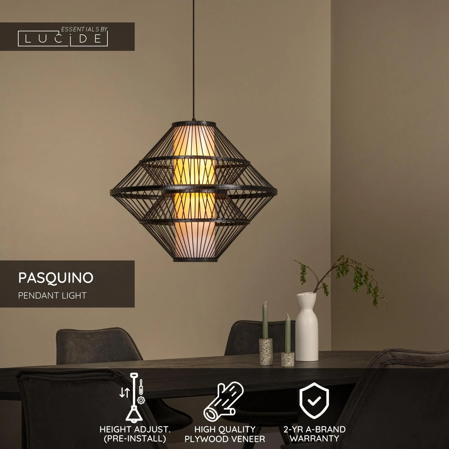 Lucide PASQUINO - Zu00e1vesnu00e9 svetlo - u00d8 60 cm - 1xE27 - u010cierna | Essential