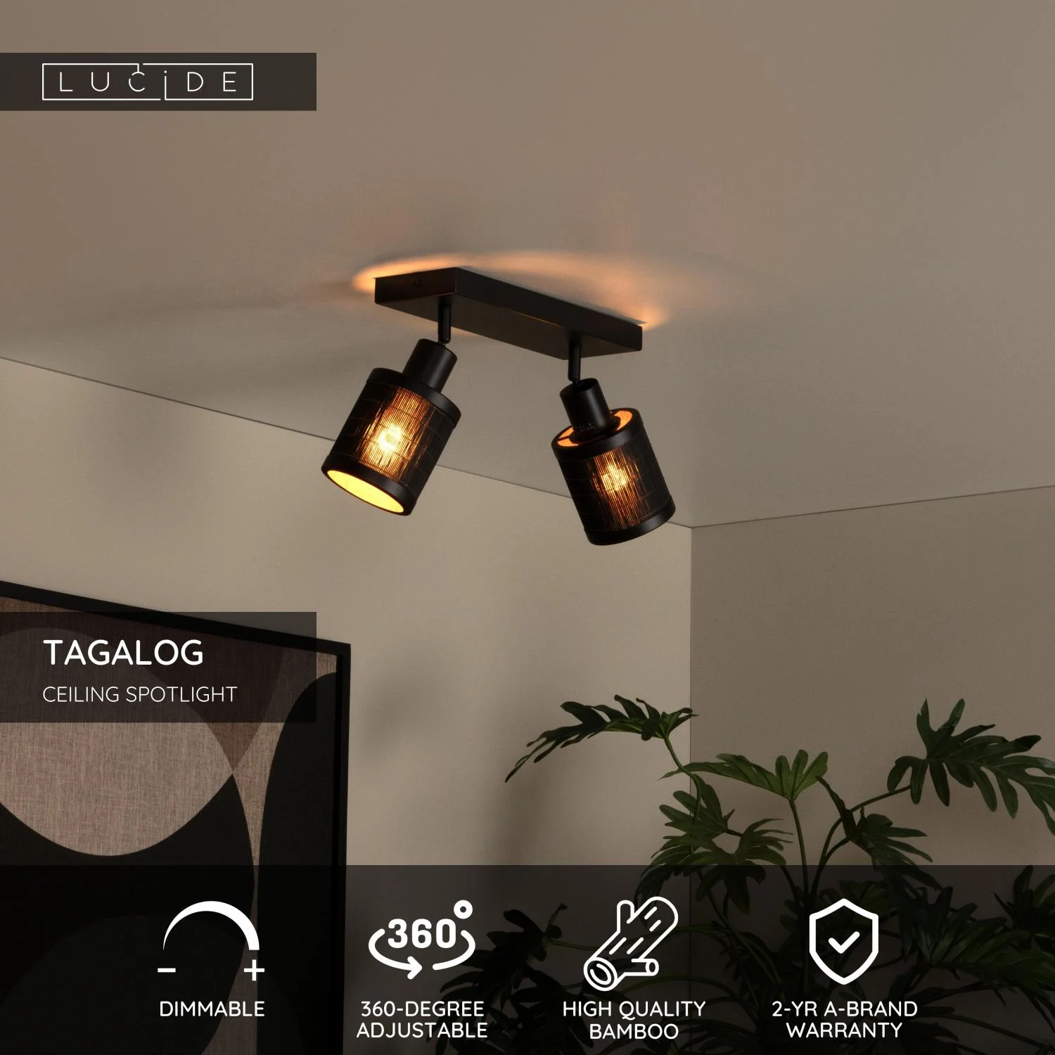 Lucide TAGALOG - Stropnu00fd reflektor - 2xE27 - u010cierny