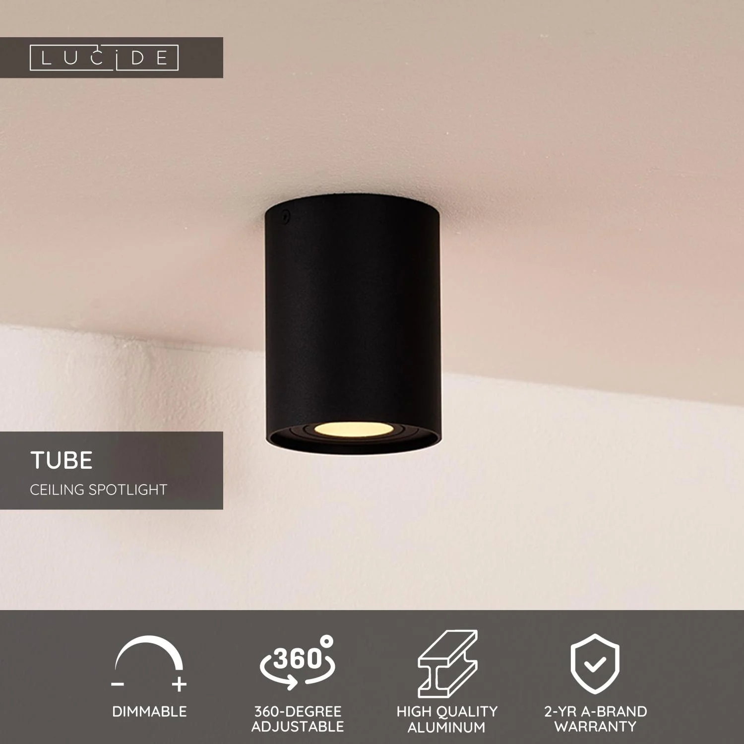 Lucide TUBE - stropnu00e9 reflektory - u00d8 9,6 cm - 1xGU10 - u010dierna