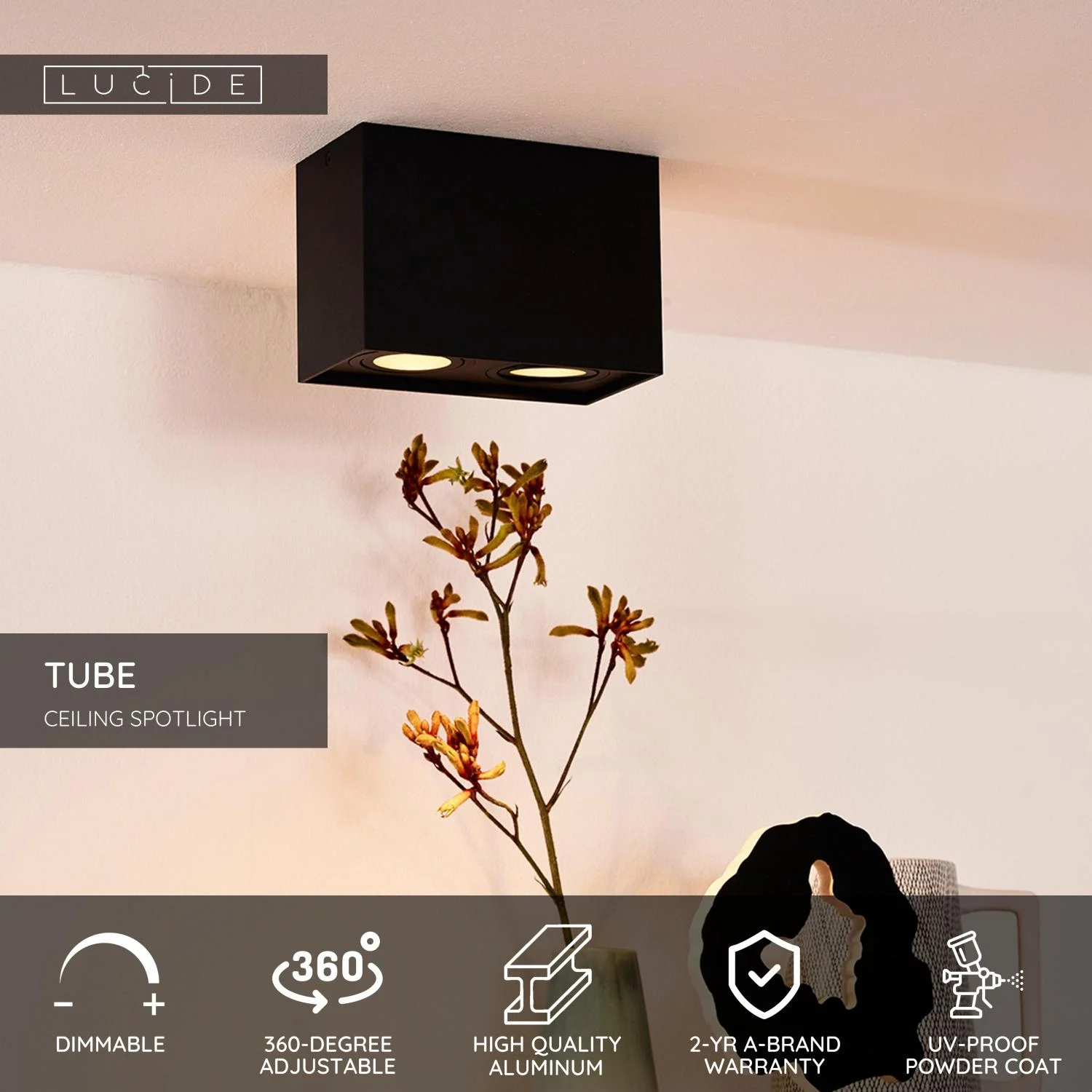 Lucide TUBE - Stropnu00e9 reflektory - 2xGU10 - u010cierne