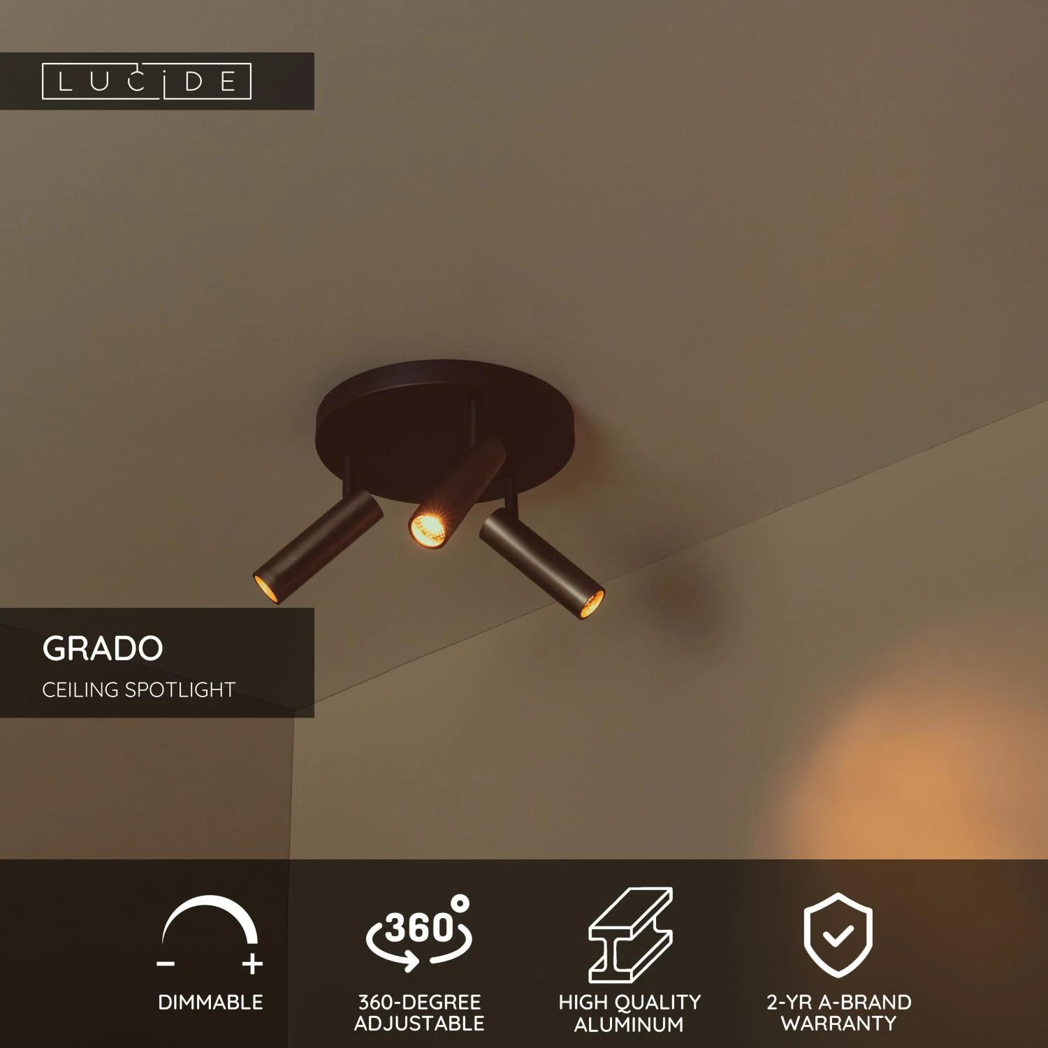 Lucide GRADO - Stropnu00e9 reflektory - u00d8 25 cm - 3xGU10 (MR11) - Sivu00e9 u017eelezo