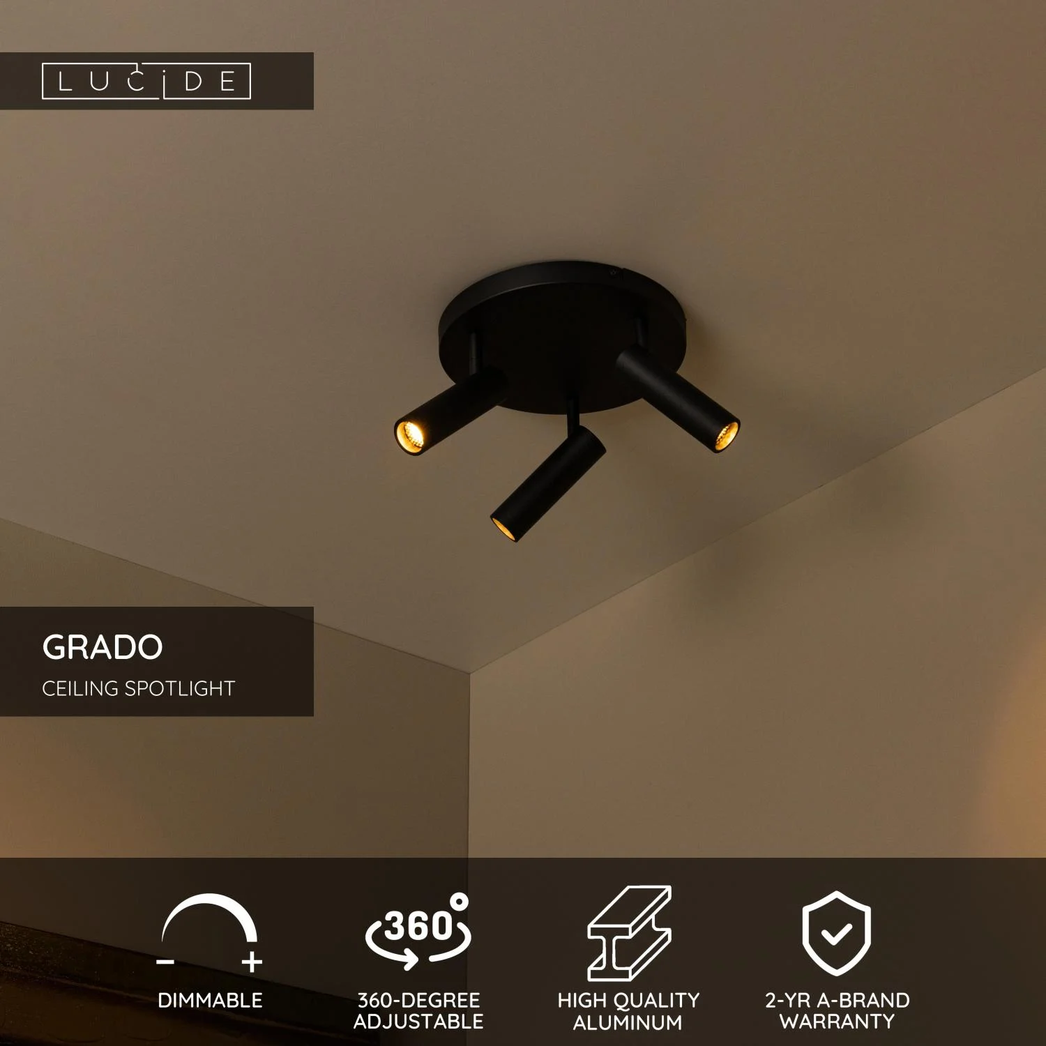 Lucide GRADO - Stropnu00e9 reflektory - u00d8 25 cm - 3xGU10 (MR11) - u010dierna