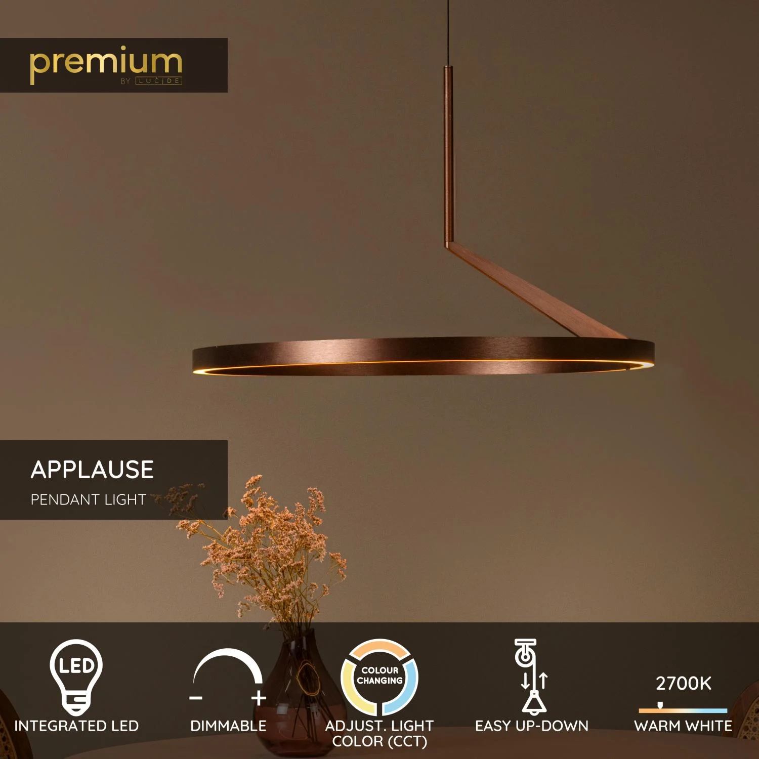 Lucide APLAUZ - Zu00e1vesnu00e9 svetlo - u00d8 60 cm - LED tlmenu00e9. - CCT - 1x32W 2700K/4000K - Senzor ruu010dnu00fdch vln - Coffee | Pru00e9miovu00e9