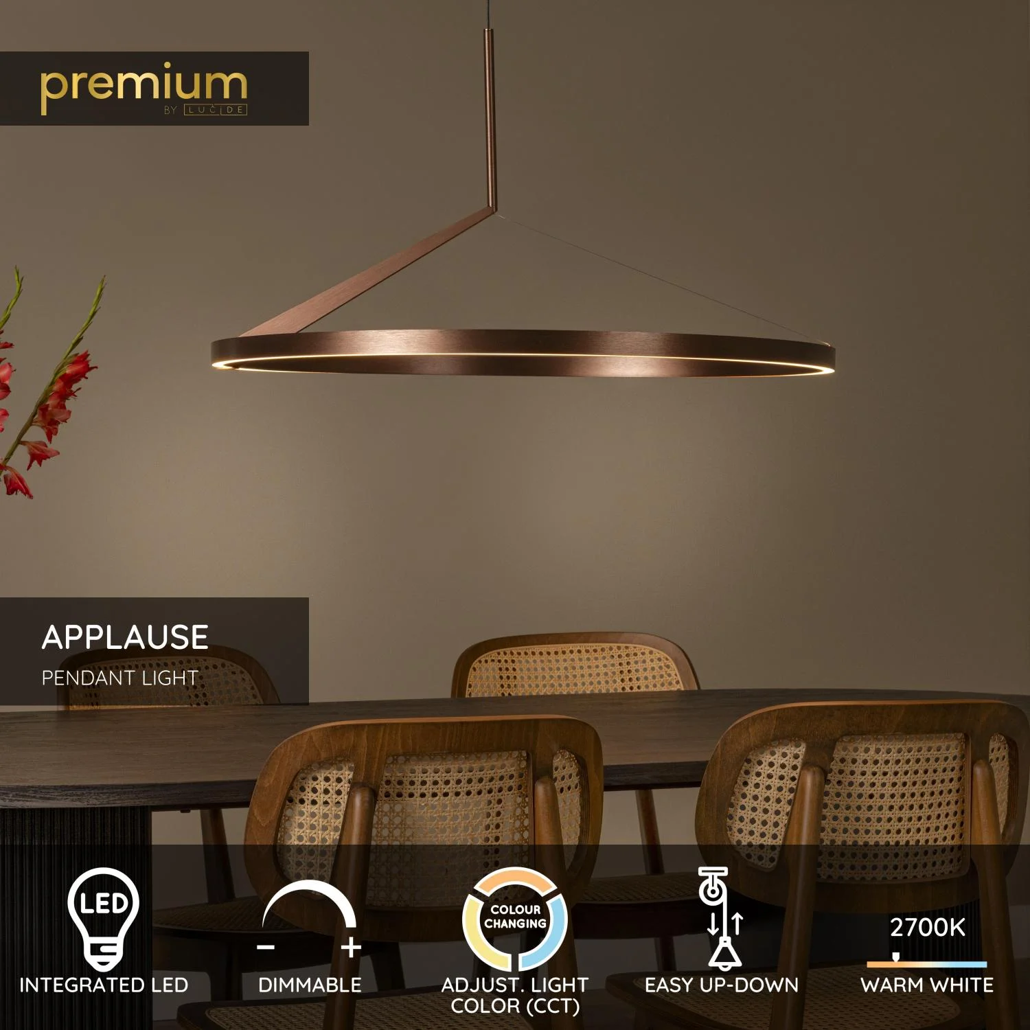 LUCIDE POTLESK - Zu00e1vesnu00e9 svetlo - u00d8 80 cm - LED tlmenu00e9. - CCT - 1x50W 2700K/4000K - senzor ruu010dnu00e9ho vlnenia - ku00e1va | Pru00e9miovu00e9