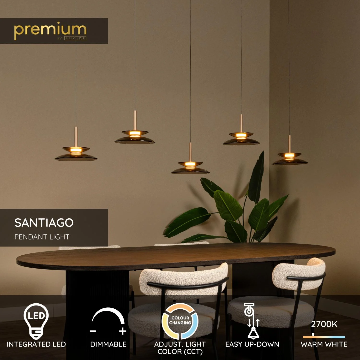 Lucide SANTIAGO - zu00e1vesnu00e9 svetlo - LED tlmenu00e9. - CCT - 5x10W 2700K/4000K - jantu00e1rovu00e9 | Pru00e9miovu00e9