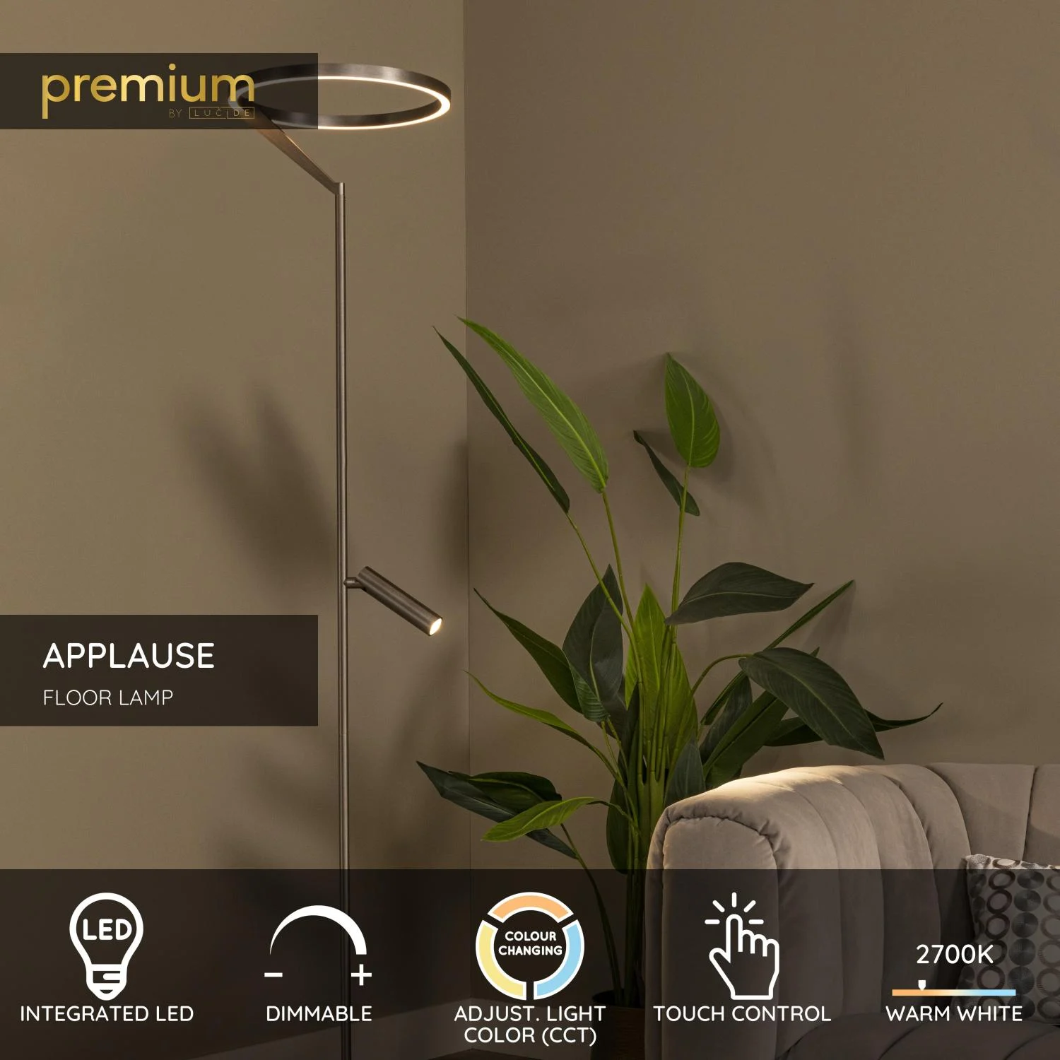 Lucide POTLESK - Stojacia lampa - u00d8 33 cm - LED tlmenu00e1. - CCT - 2700K/4000K - Sivu00e9 u017eelezo | Pru00e9miovu00e9