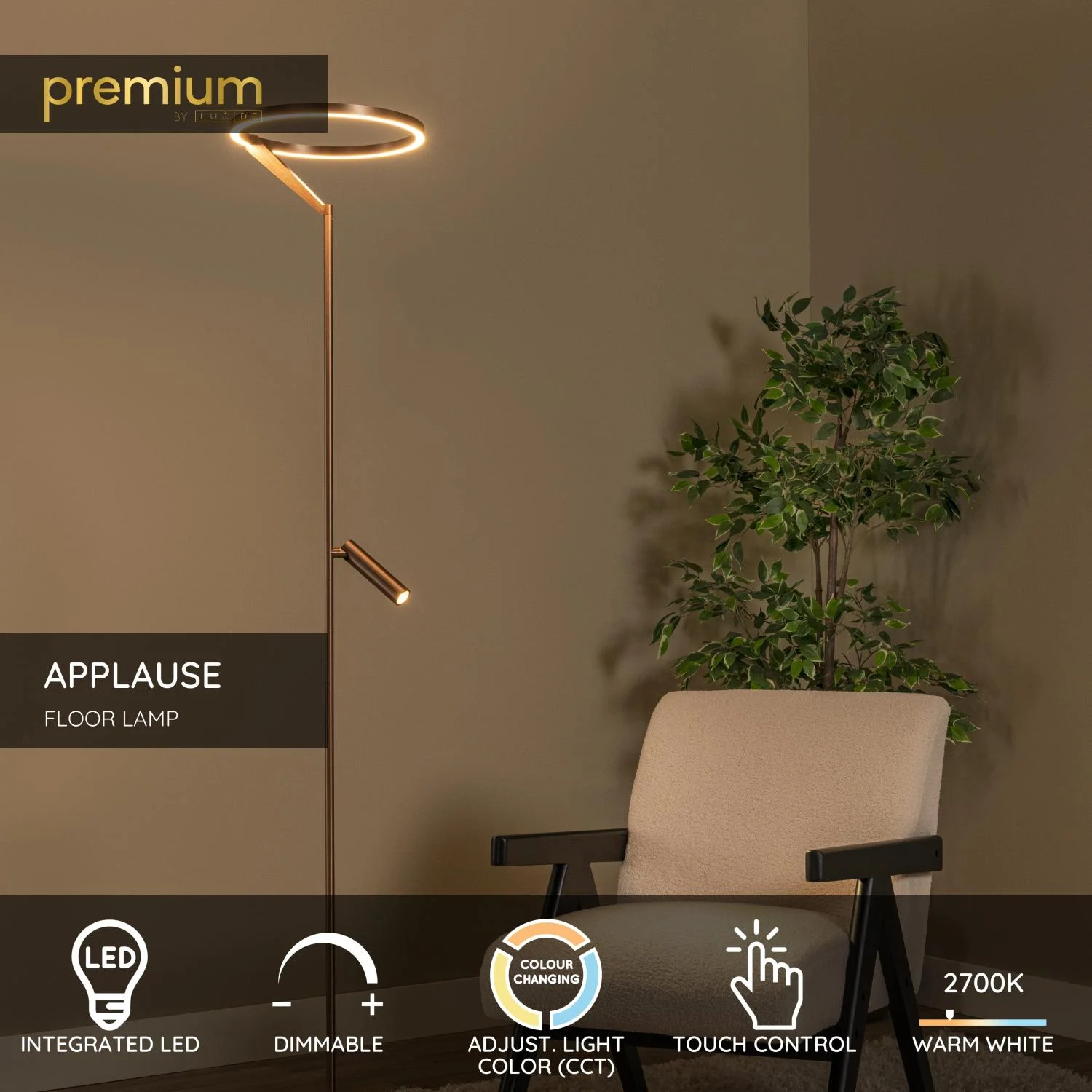 Lucide POTLESK - Stojacia lampa - u00d8 33 cm - LED tlmenu00e1 - CCT - 2700K/4000K - Ku00e1va | Pru00e9miovu00e9
