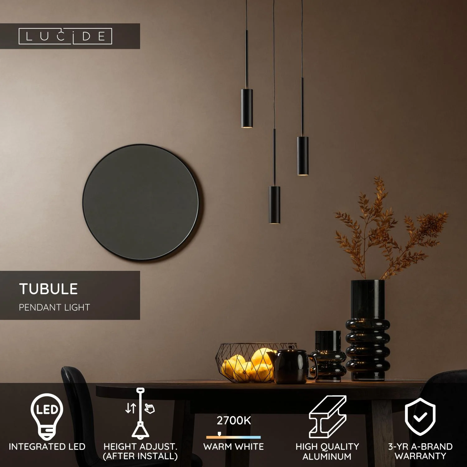Lucide TUBULE - zu00e1vesnu00e9 svetlo - u00d8 26 cm - LED - 3x7W 2700K - u010dierna